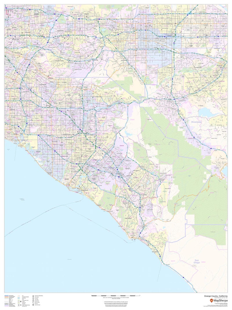 Orange County, California - 36" x 48" Paper Wall Map